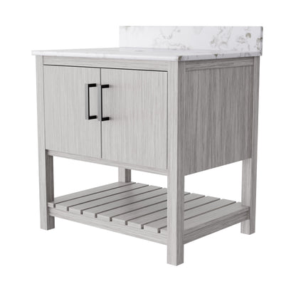 30-inch Novatto vanity with café mocha quartz countertop, modern bathroom accessory with sleek design and durable surface.