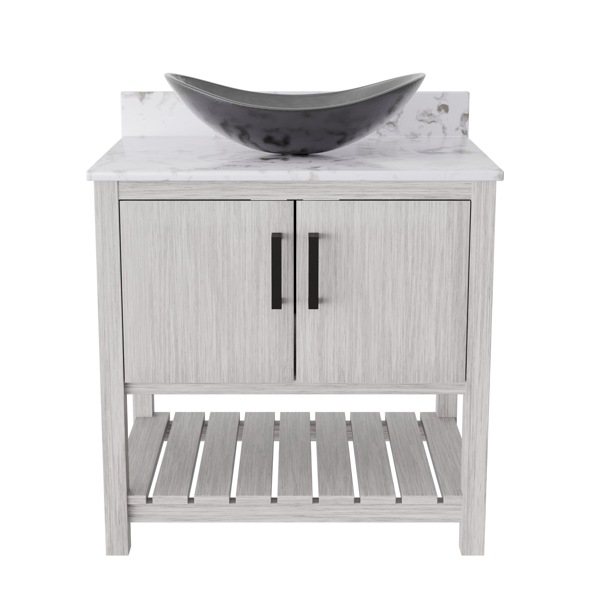 30-inch Novatto bath vanity with café mocha quartz countertop and integrated sink, showcasing stylish bathroom accessory design.