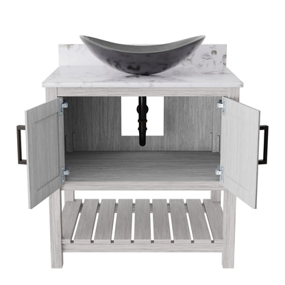 Novatto 30-inch bath vanity with café mocha quartz countertop and sink, modern bathroom accessory with sleek design.