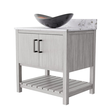 30-inch Novatto bath vanity with café mocha quartz countertop and integrated sink, showcasing sleek bathroom accessory design.