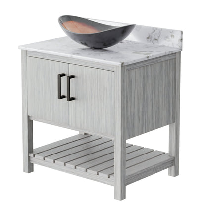 30-inch Novatto bath vanity with café mocha quartz countertop and sink, featuring modern bathroom accessory design