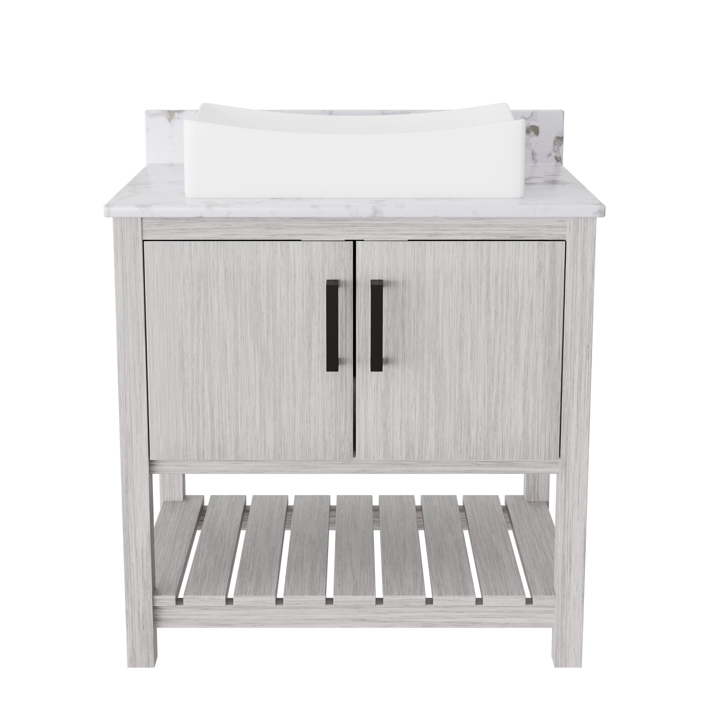 Novatto 30-inch bath vanity with café mocha quartz countertop and integrated sink, modern bathroom accessory.