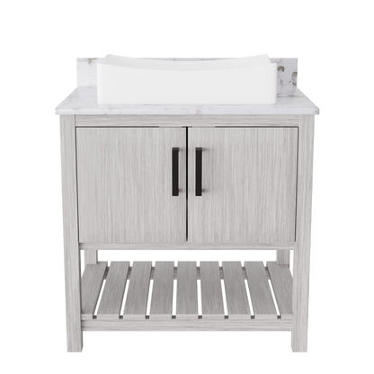 Novatto 30-inch bath vanity with café mocha quartz countertop and integrated sink, modern bathroom accessory.