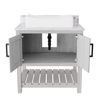 Novatto 30-inch bath vanity with café mocha quartz countertop and sink, featuring modern bathroom accessory design.