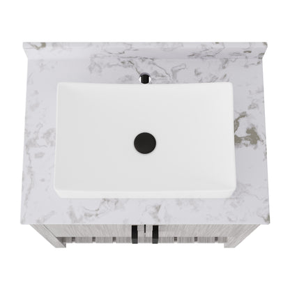 30-inch Novatto bath vanity with café mocha quartz countertop and integrated sink, showcasing sleek bathroom accessory design.