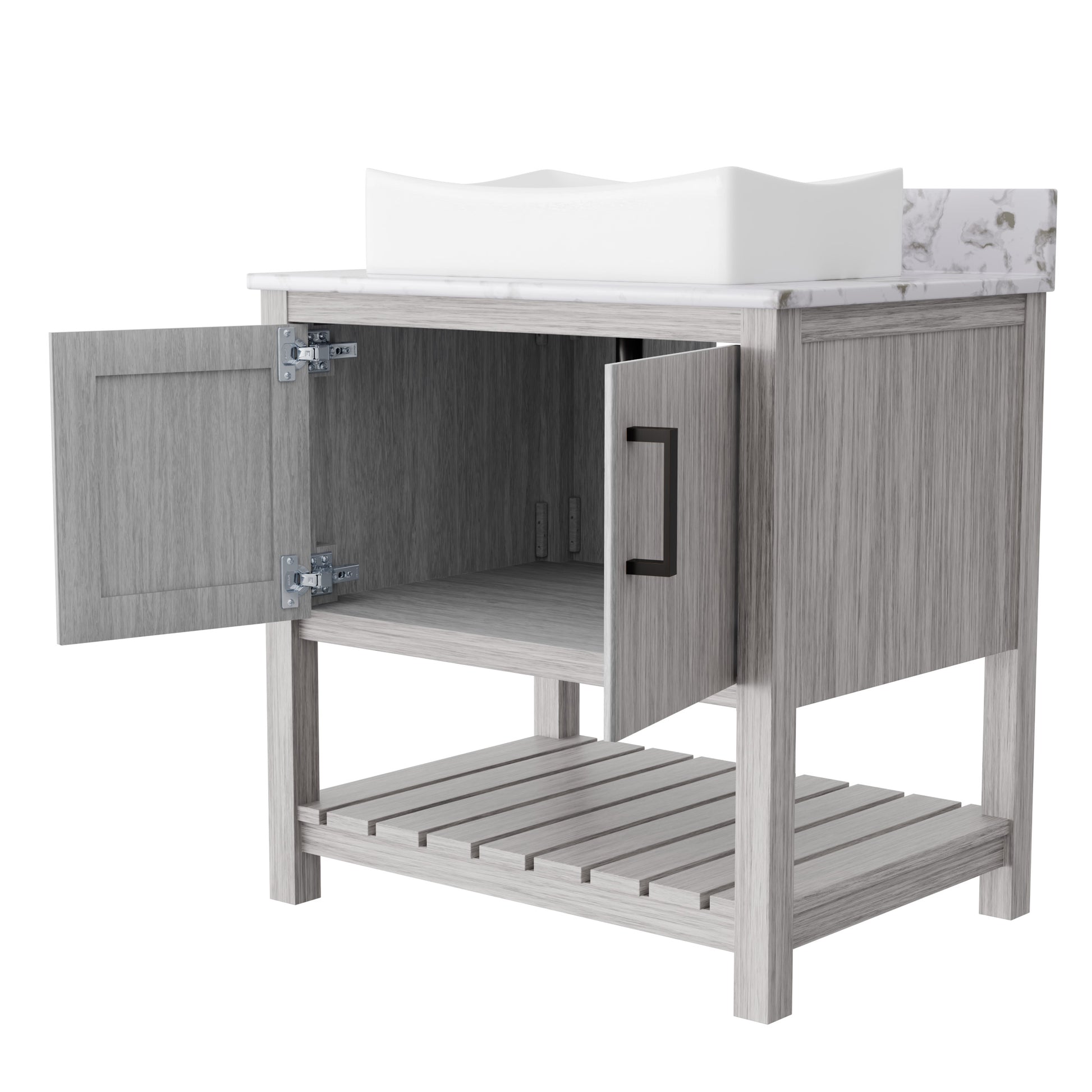 30-inch Novatto bath vanity with café mocha quartz countertop and sink, featuring a sleek, modern bathroom accessory design.