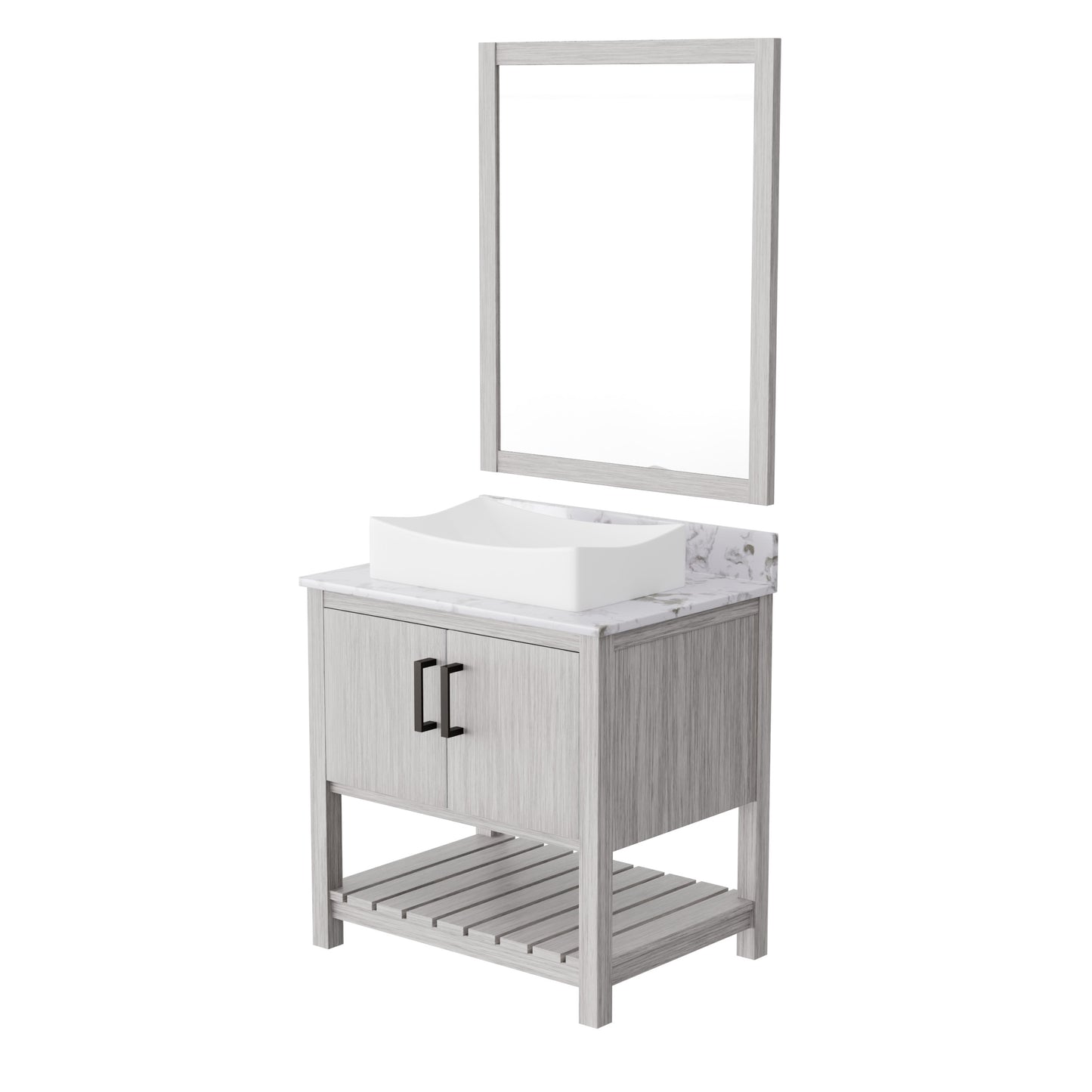 30-inch Novatto bath vanity with café mocha quartz countertop and sink, showcasing the elegant bathroom accessory.