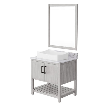 30-inch Novatto bath vanity with café mocha quartz countertop and sink, showcasing the elegant bathroom accessory.