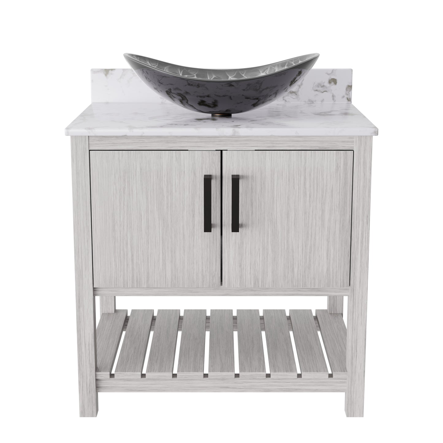 30-inch Novatto bath vanity with café mocha quartz countertop and integrated sink, modern bathroom accessory.