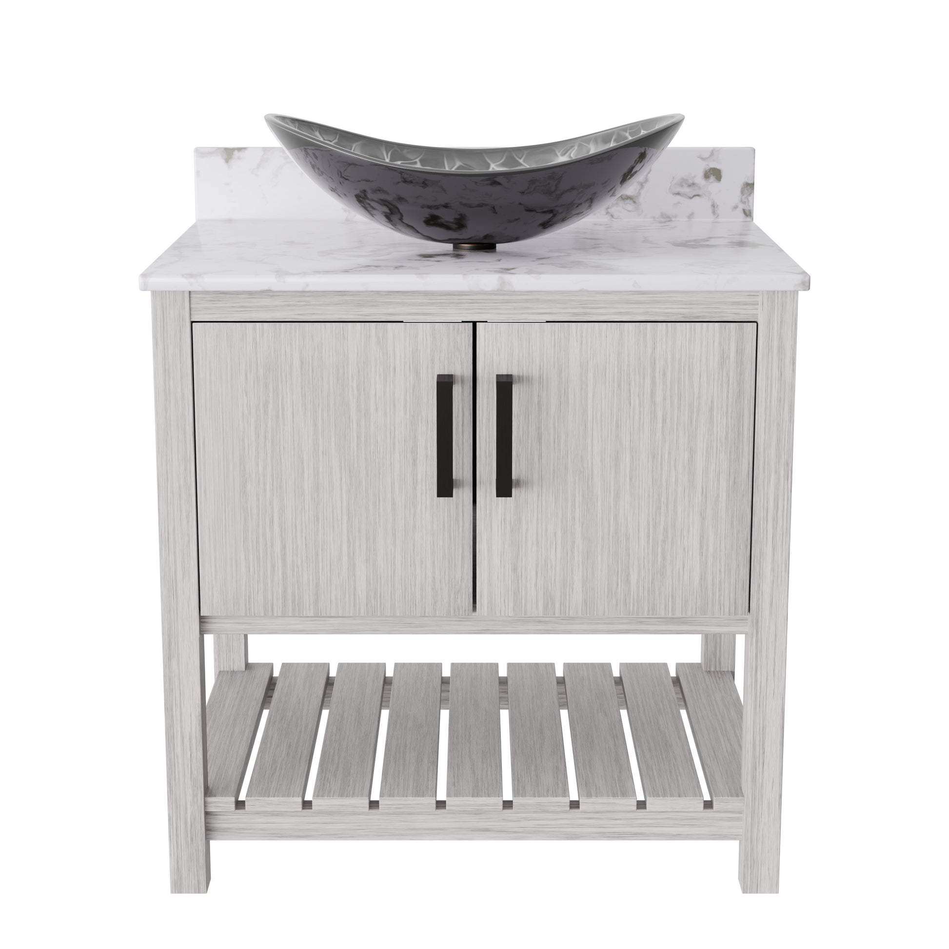 30-inch Novatto bath vanity with café mocha quartz countertop and integrated sink, modern bathroom accessory.