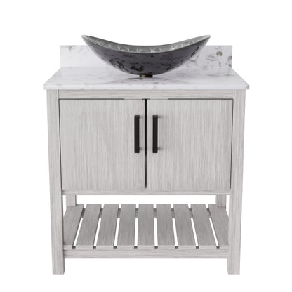 30-inch Novatto bath vanity with café mocha quartz countertop and integrated sink, modern bathroom accessory.