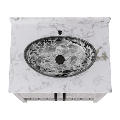 30-inch Novatto bath vanity with café mocha quartz countertop and integrated sink, showcasing elegant bathroom accessory design.