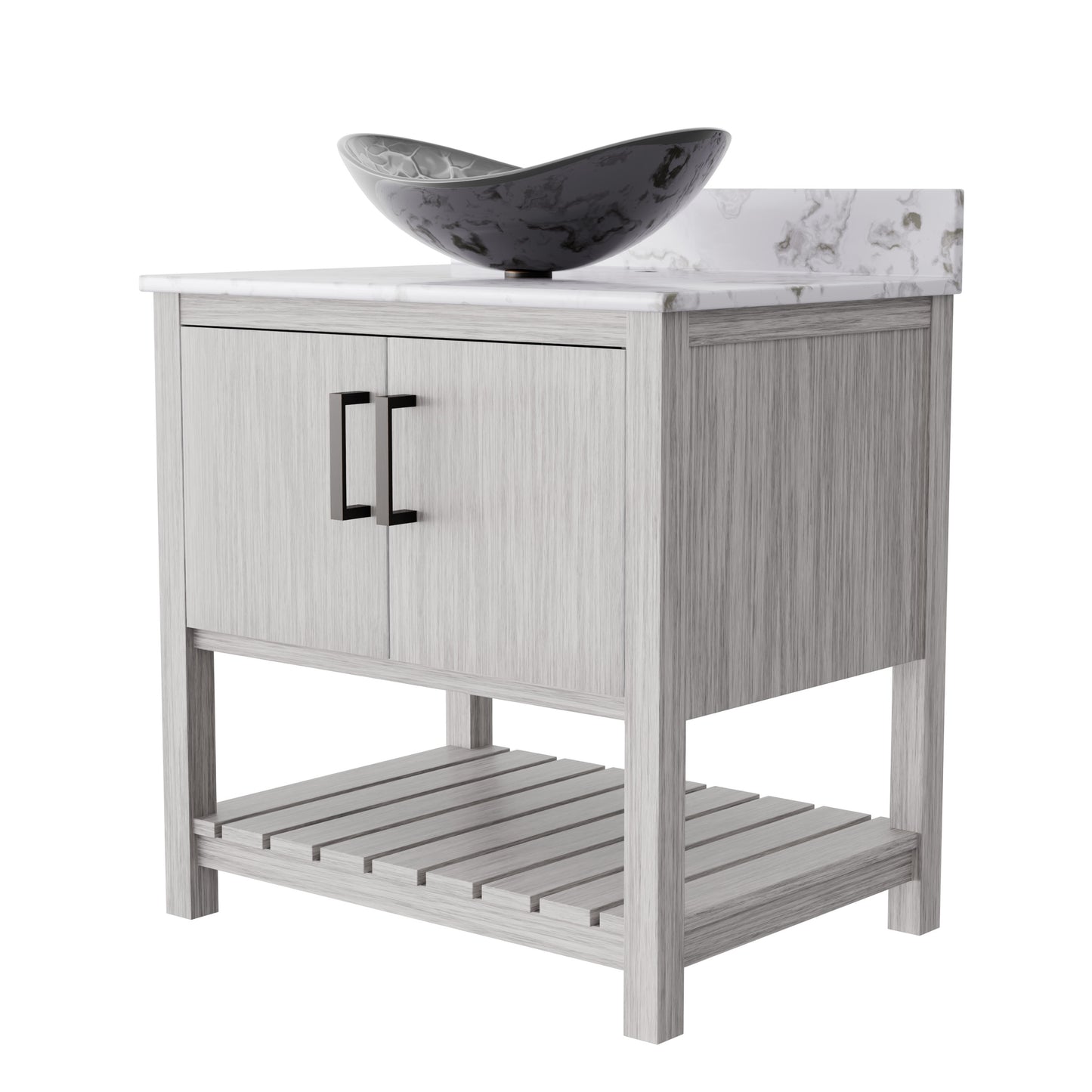 30-inch Novatto bath vanity with café mocha quartz countertop and sink, showcasing sleek design and modern bathroom accessory.