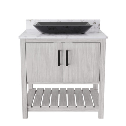 30-inch Novatto bath vanity with café mocha quartz countertop and sink, showcasing sleek bathroom accessory design.