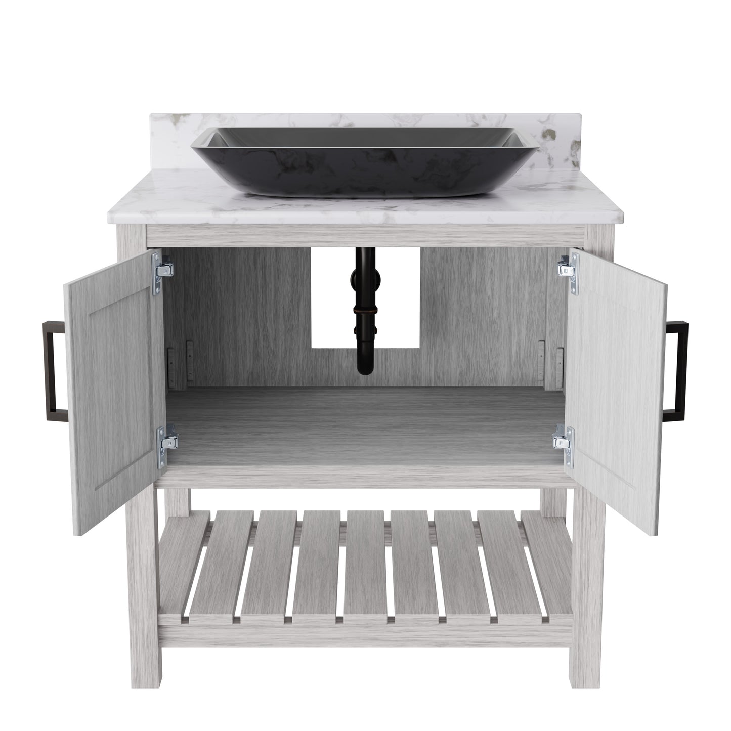 Novatto 30-inch bath vanity with café mocha quartz countertop and sink showing sleek design and modern finish.