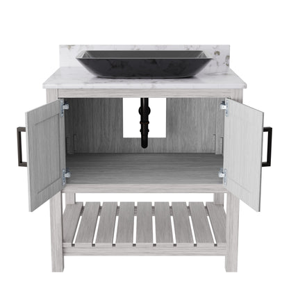 Novatto 30-inch bath vanity with café mocha quartz countertop and sink showing sleek design and modern finish.