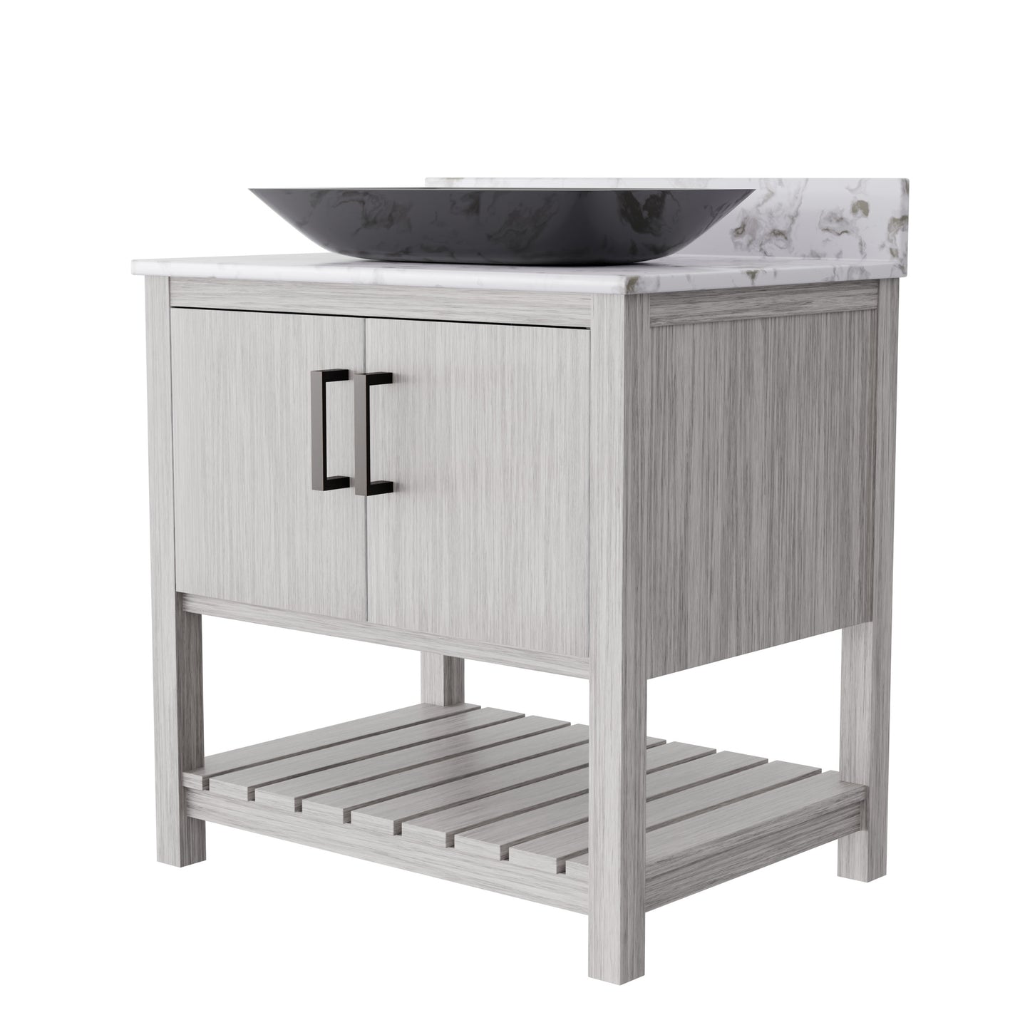 30-inch Novatto bath vanity with café mocha quartz countertop and sink, showcasing sleek bathroom accessory design.
