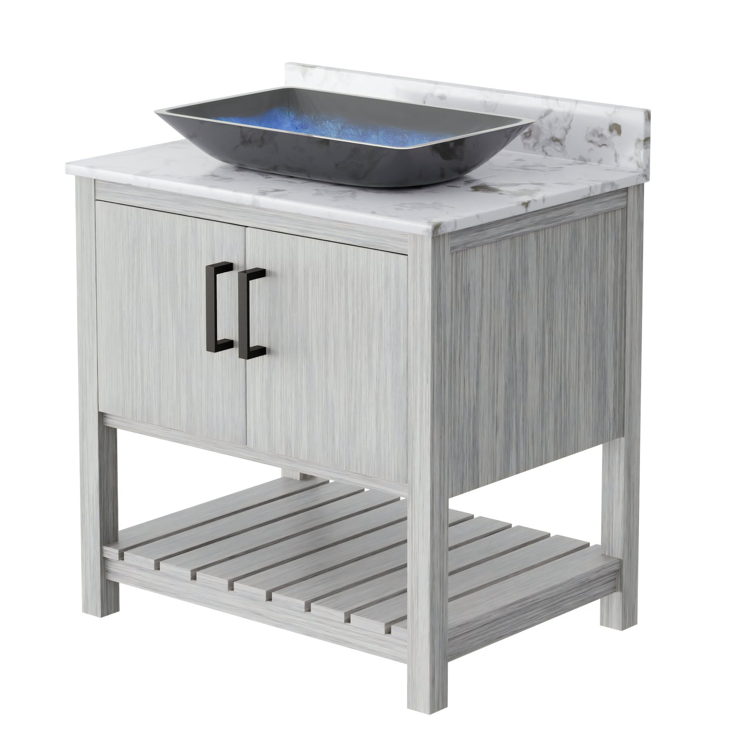 30-inch Novatto bath vanity with café mocha quartz countertop and sink, showcasing a sleek bathroom accessory design.