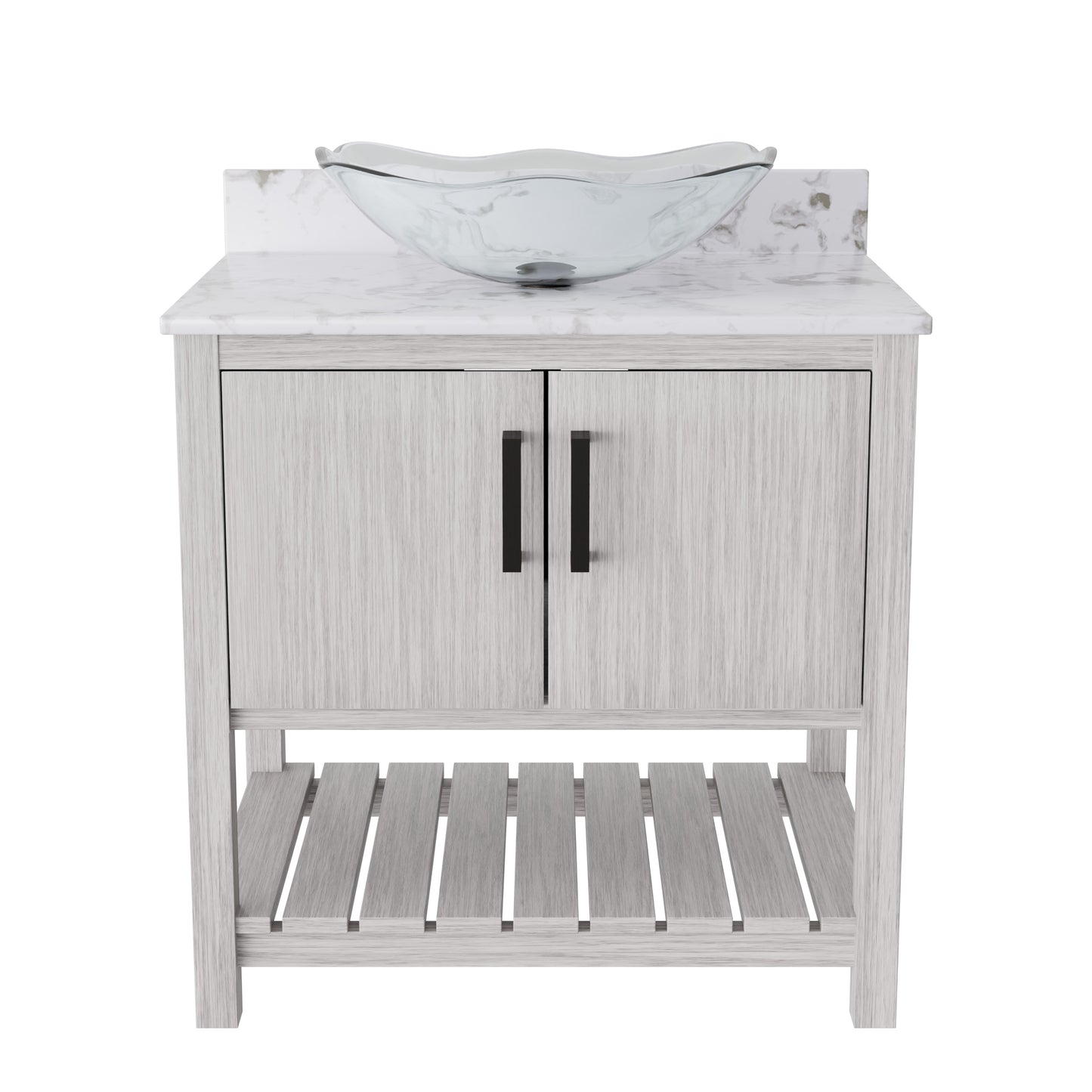 Novatto 30-inch bathroom vanity with café mocha quartz countertop and integrated sink, showcasing sleek design and modern style.