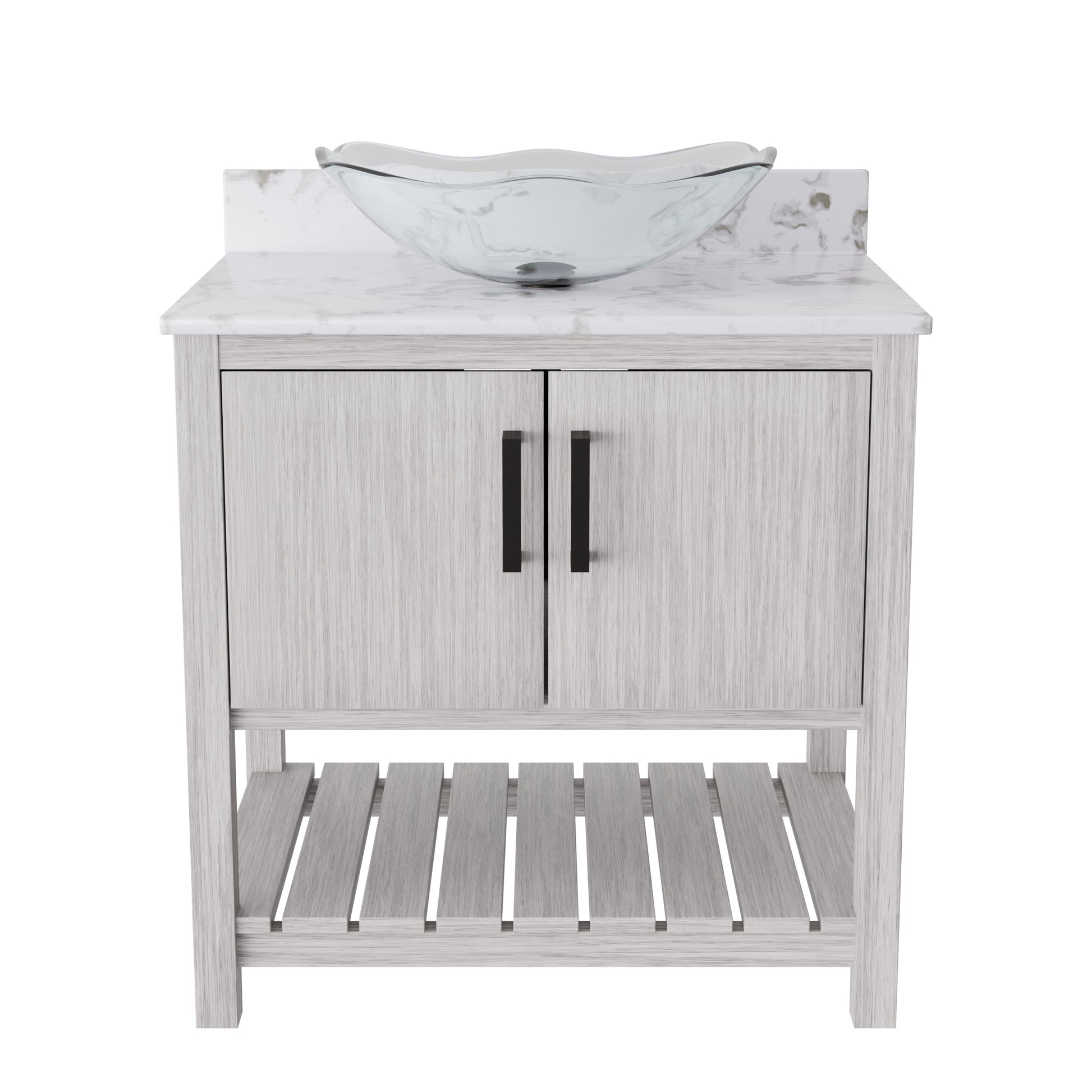 Novatto 30-inch bathroom vanity with café mocha quartz countertop and integrated sink, showcasing sleek design and modern style.