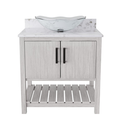 Novatto 30-inch bathroom vanity with café mocha quartz countertop and integrated sink, showcasing sleek design and modern style.