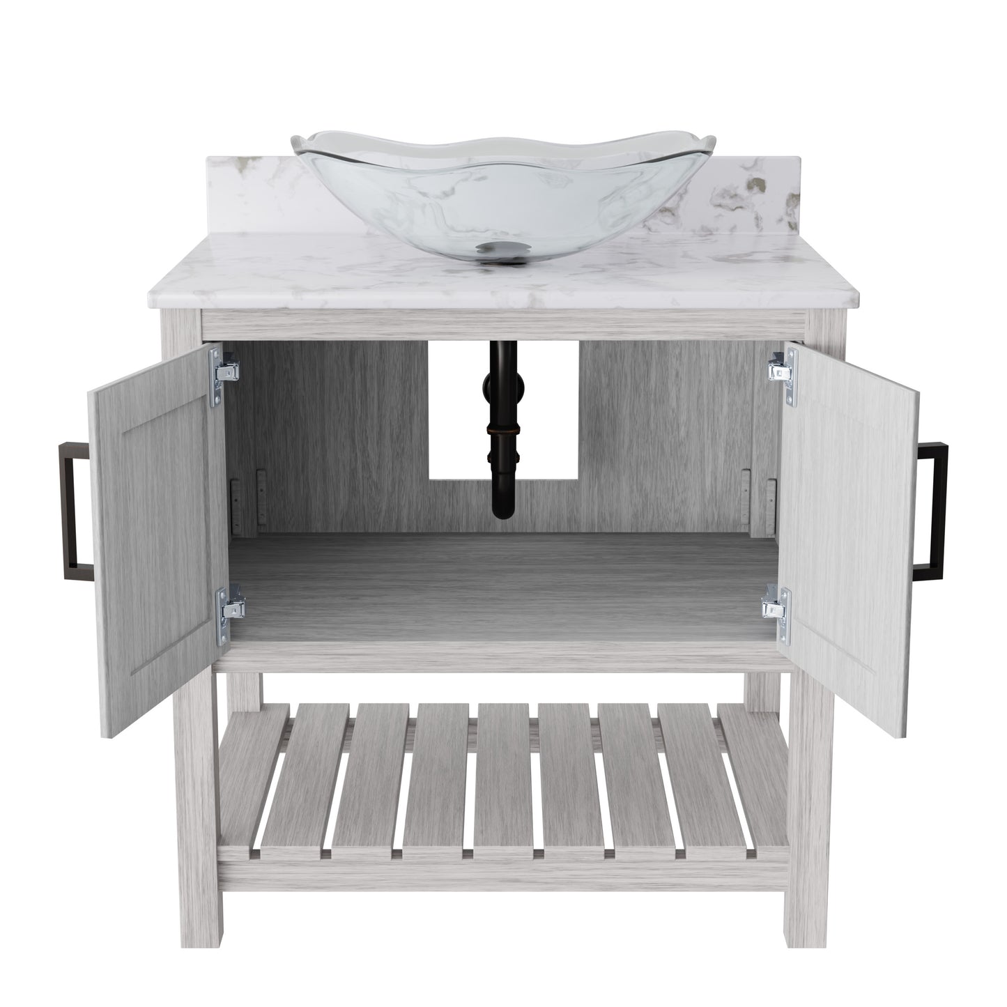 Novatto 30-inch bath vanity with café mocha quartz countertop and sink, showcasing elegant bathroom accessory design