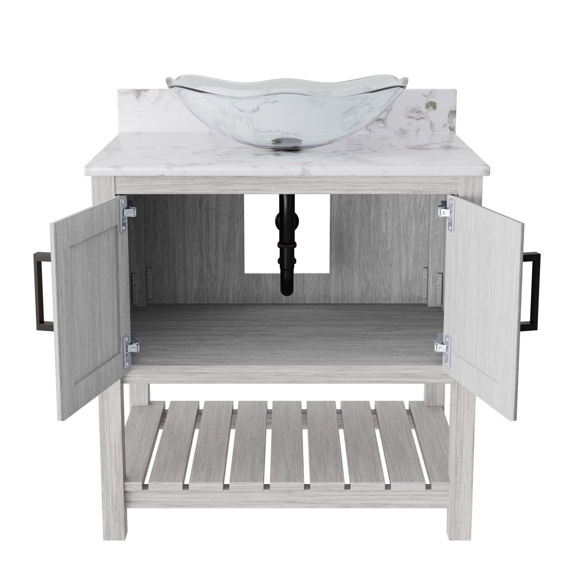 Novatto 30-inch bath vanity with café mocha quartz countertop and sink, showcasing elegant bathroom accessory design
