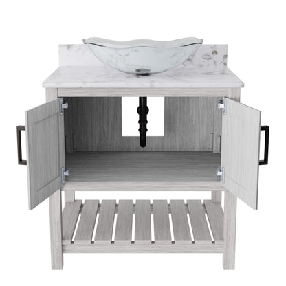 Novatto 30-inch bath vanity with café mocha quartz countertop and sink, showcasing elegant bathroom accessory design