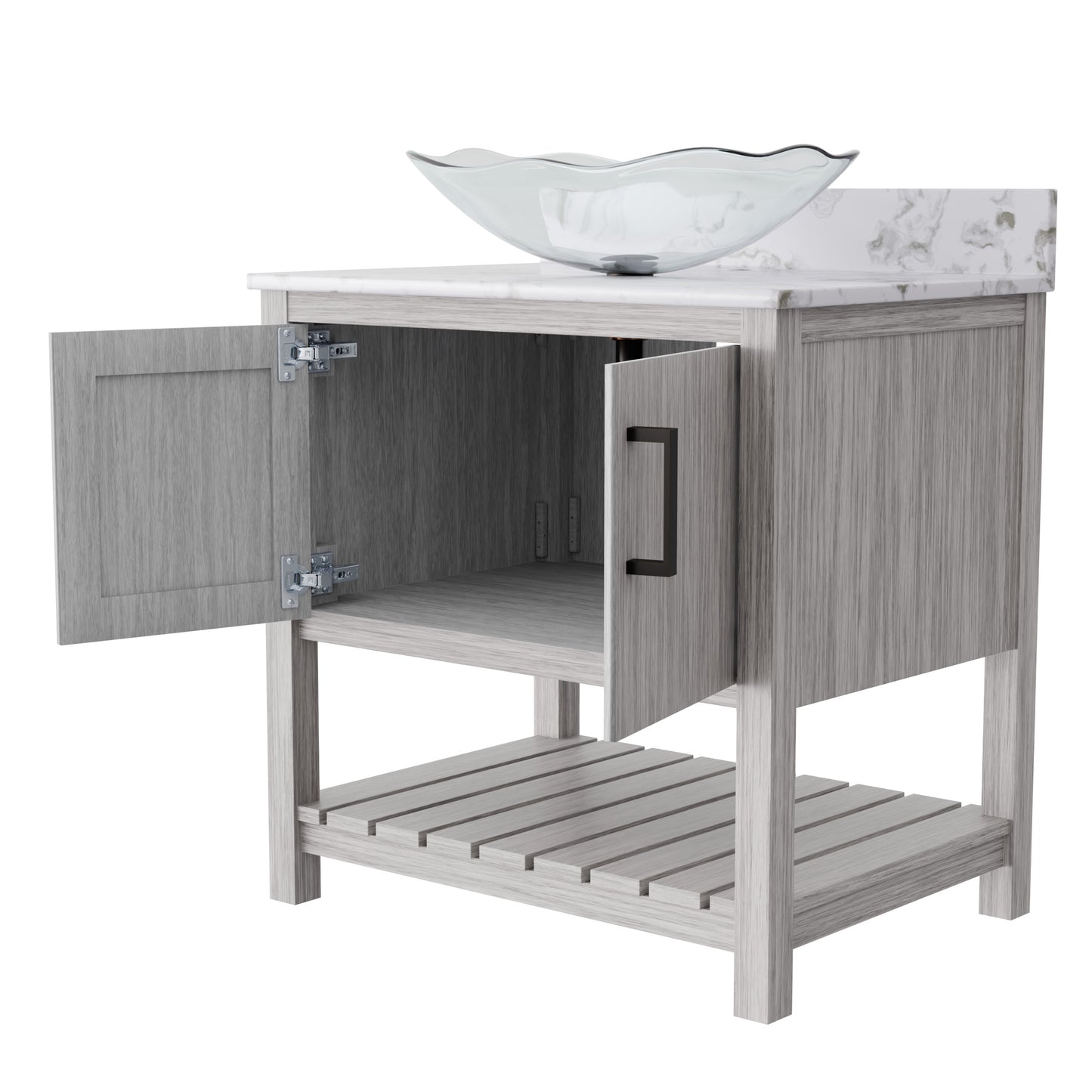 30-inch Novatto bath vanity with café mocha quartz countertop and sink, showcasing a sleek bathroom accessory design.