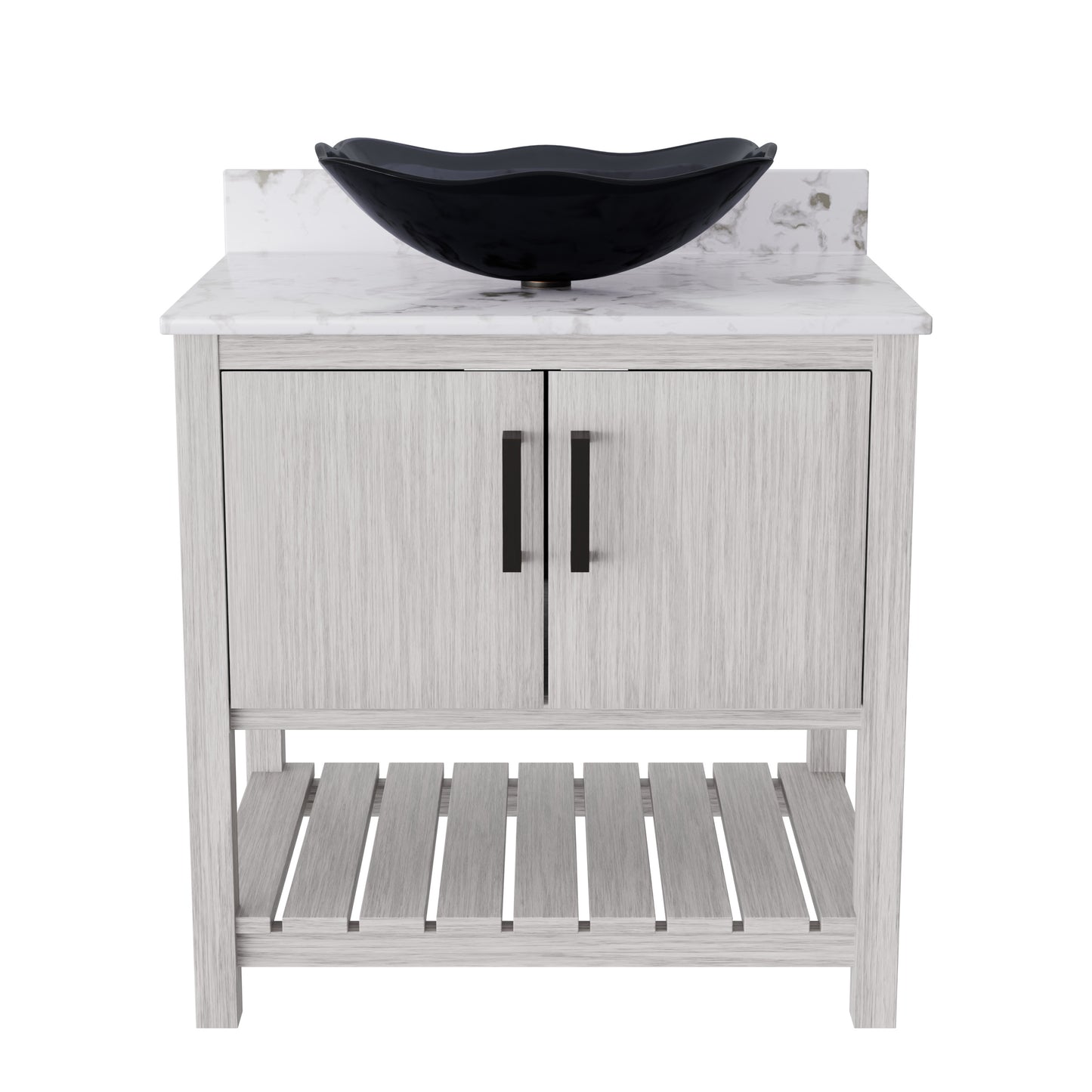 30-inch Novatto bathroom vanity with café mocha quartz counter and sink, showcasing elegant design and natural stone finish.