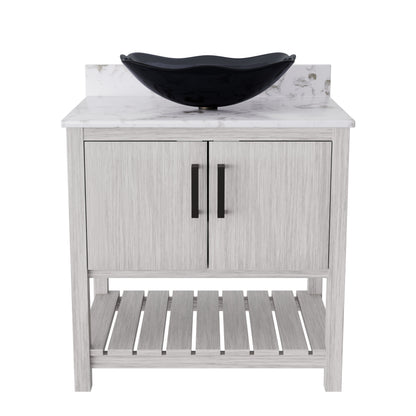 30-inch Novatto bathroom vanity with café mocha quartz counter and sink, showcasing elegant design and natural stone finish.