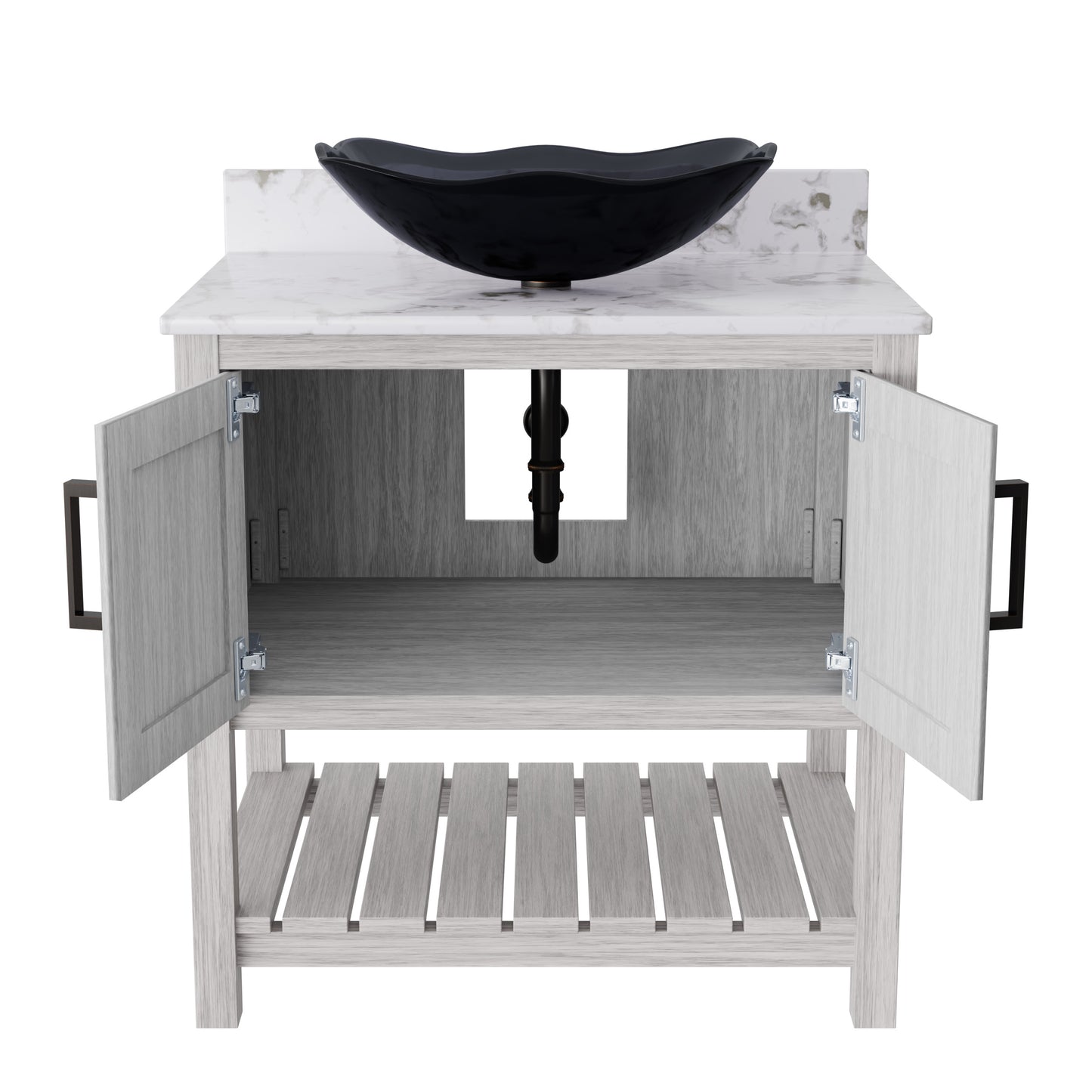 30-inch Novatto bath vanity with café mocha quartz counter and sink, featuring a modern bathroom accessory design.