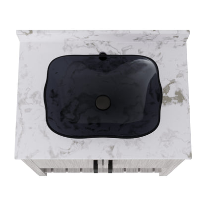 Novatto 30-inch beige bath vanity with café mocha quartz countertop and integrated sink, showcasing elegant bathroom accessory design.