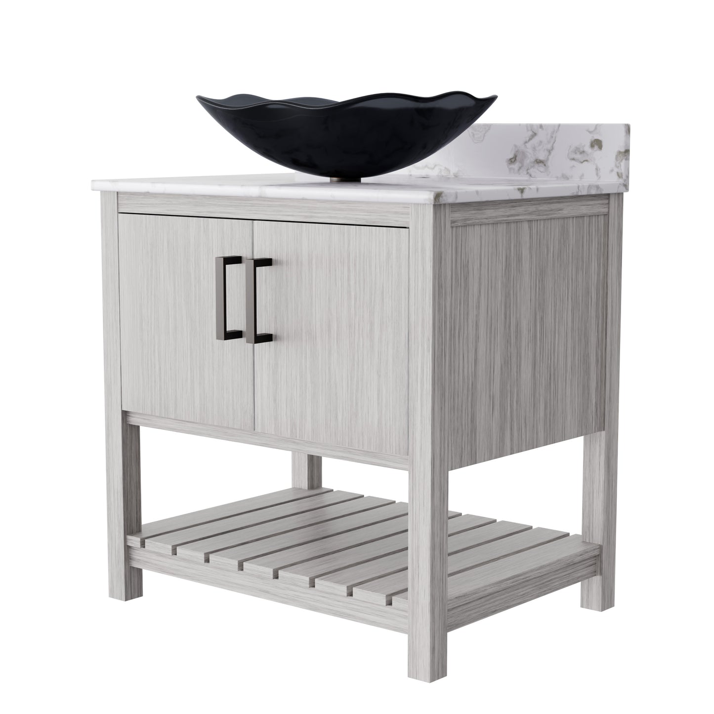 Novatto 30-inch bath vanity with café mocha quartz countertop and sink, showcasing sleek modern bathroom accessory design.