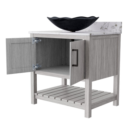 30-inch Novatto bath vanity with café mocha quartz countertop and integrated sink, showcasing a modern bathroom accessory.