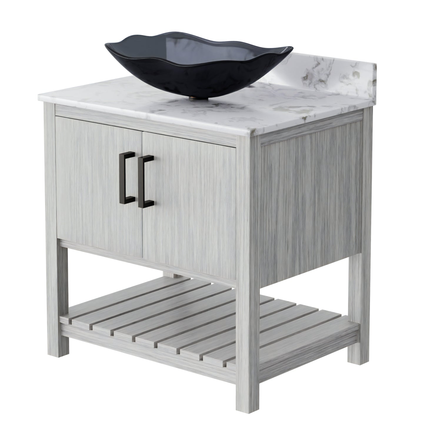 30-inch Novatto bath vanity with café mocha quartz countertop and sink, modern bathroom accessory with sleek design.