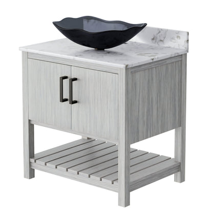 30-inch Novatto bath vanity with café mocha quartz countertop and sink, modern bathroom accessory with sleek design.