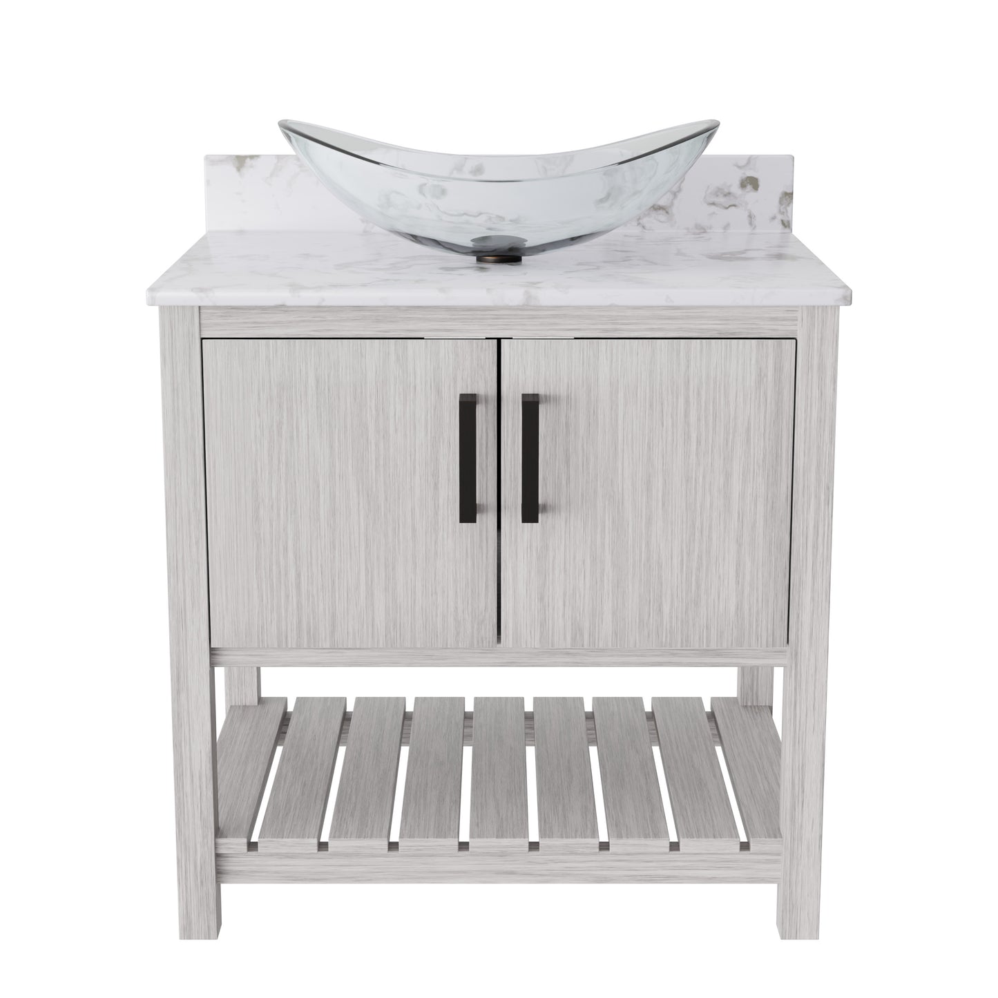 30-inch Novatto bath vanity with café mocha quartz countertop and sink, showcasing the elegant bathroom accessory design.