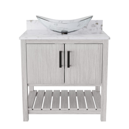 30-inch Novatto bath vanity with café mocha quartz countertop and sink, showcasing the elegant bathroom accessory design.