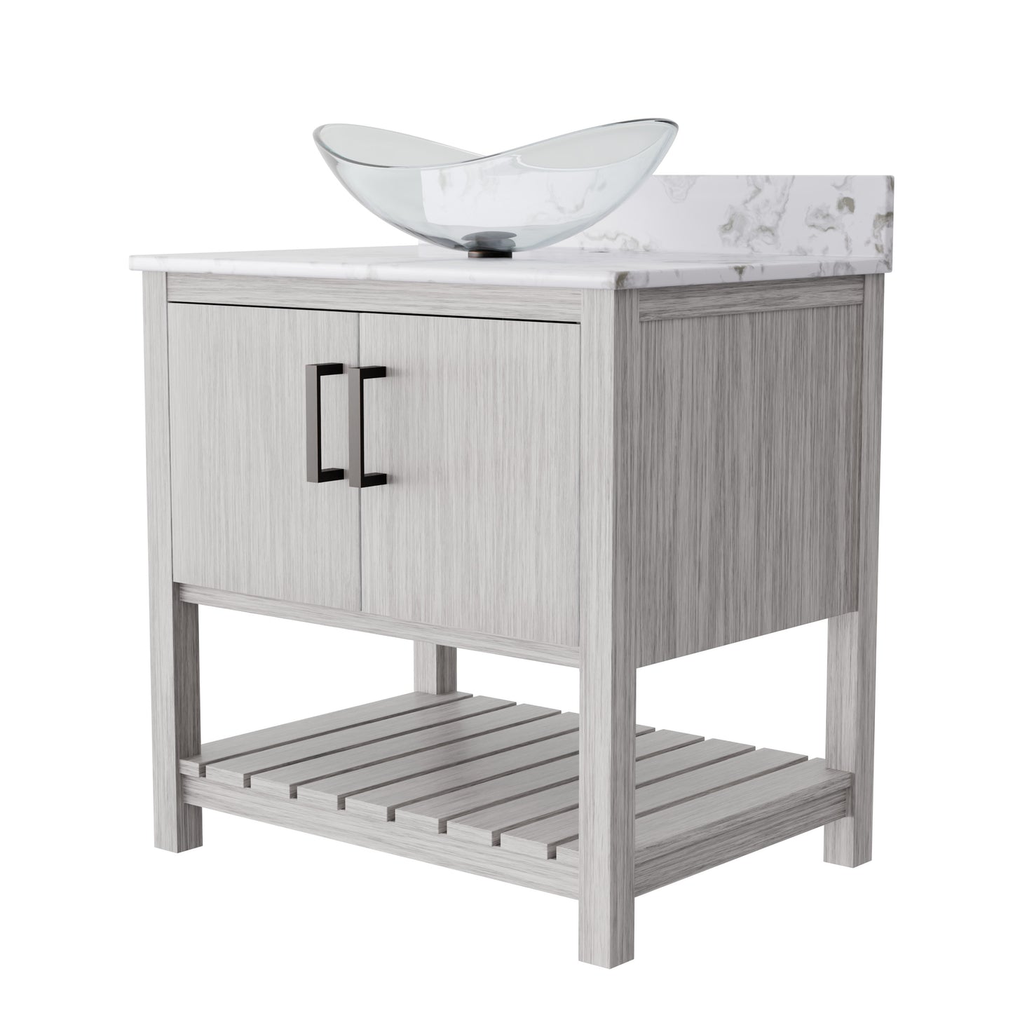 Novatto 30-inch bath vanity with café mocha quartz countertop and sink, showcasing sleek bathroom accessory design.