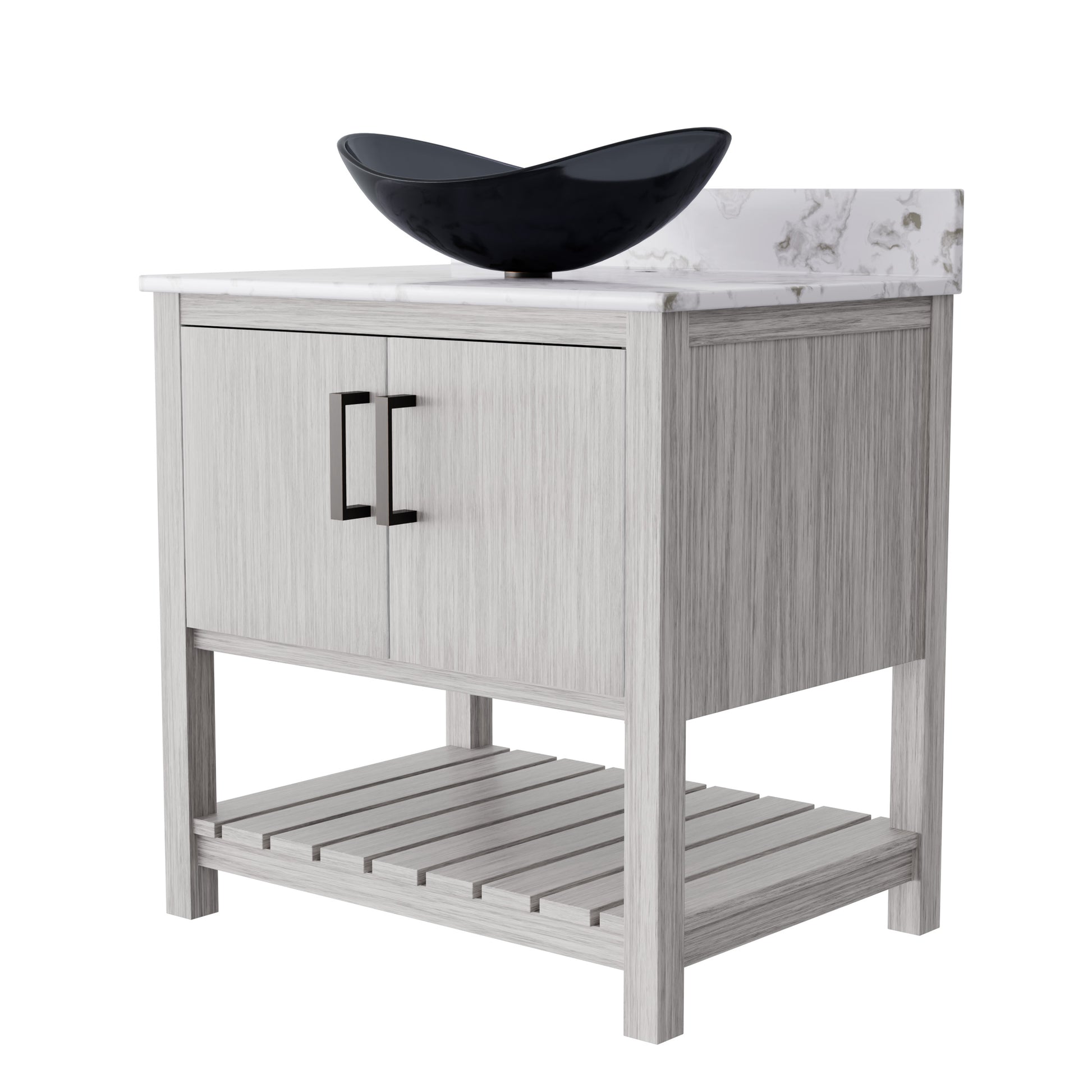 Novatto 30-inch bath vanity with café mocha quartz countertop and sink, showcasing the elegant bathroom accessory design.