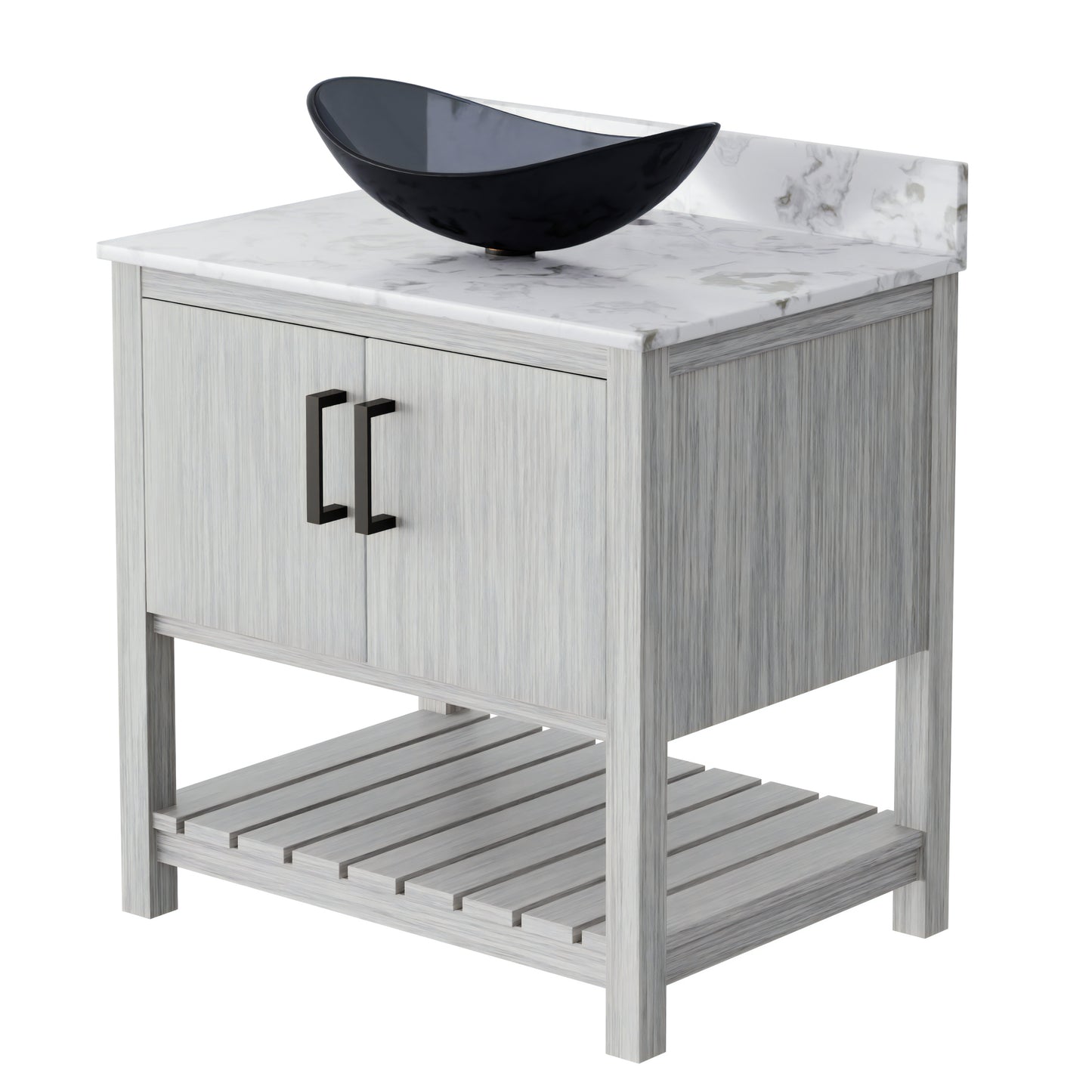 30-inch Novatto bath vanity with café mocha quartz countertop and sink, showcasing elegant bathroom accessory design.