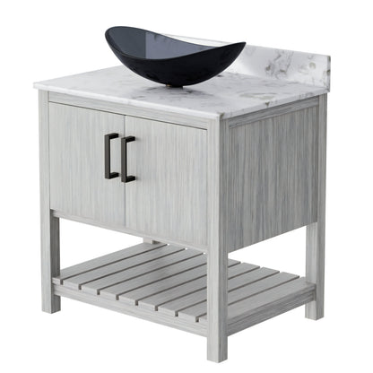 30-inch Novatto bath vanity with café mocha quartz countertop and sink, showcasing elegant bathroom accessory design.