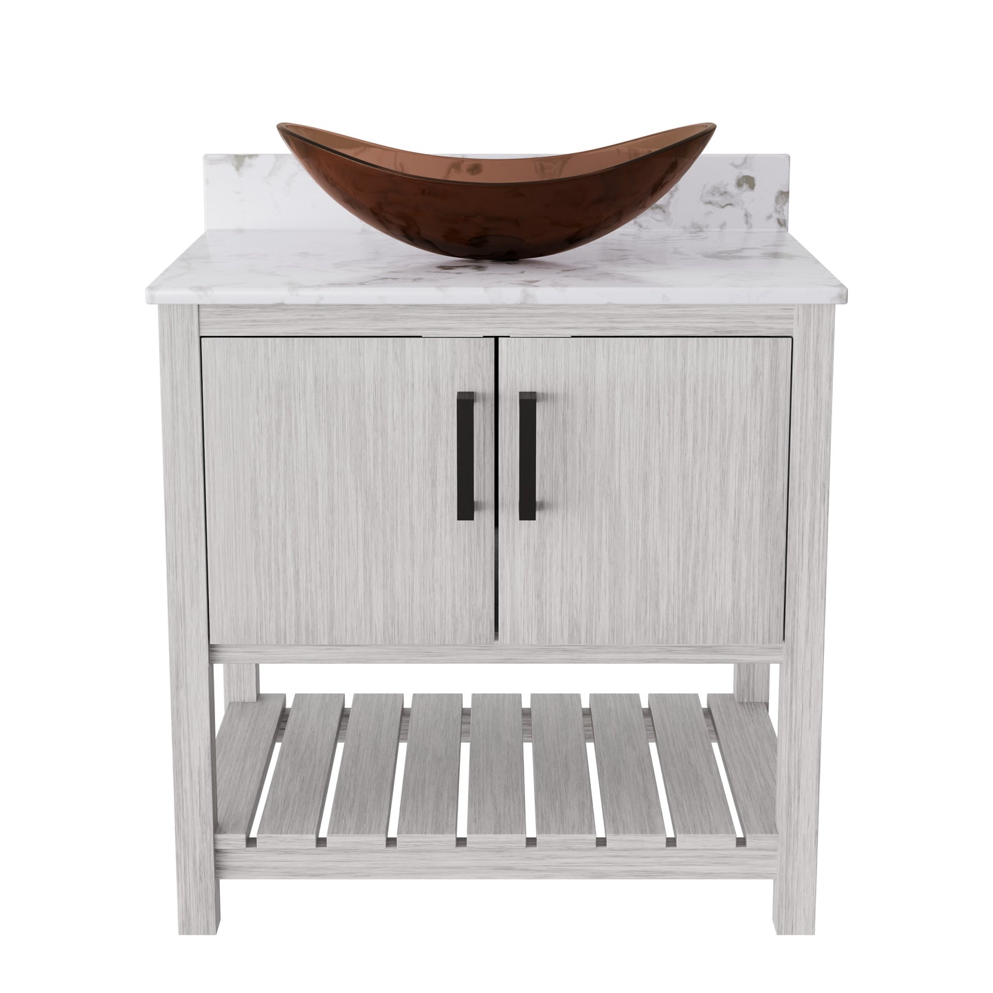 30-inch Novatto bath vanity with café mocha quartz countertop and sink, shown with accessories and modern design elements.