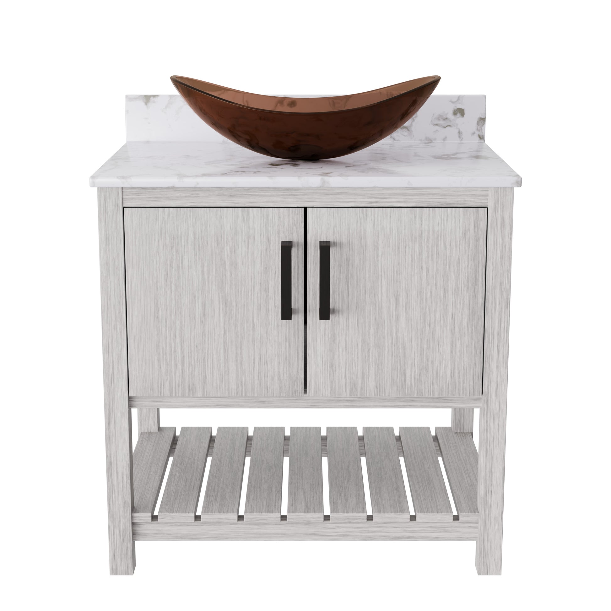 30-inch Novatto bath vanity with café mocha quartz countertop and sink, shown with accessories and modern design elements.