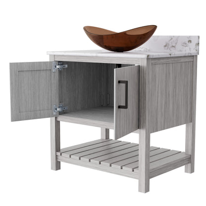 Novatto 30-inch bath vanity with café mocha quartz counter and sink, showcasing the elegant bathroom accessory design.
