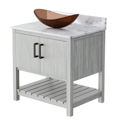 30-inch Novatto bath vanity with café mocha quartz countertop and sink, showcasing elegant bathroom accessory design.