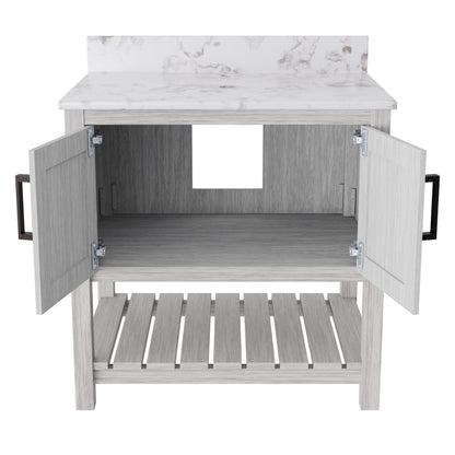 30-inch Novatto vanity with café mocha quartz countertop, showcasing a sleek bathroom accessory design and finish.