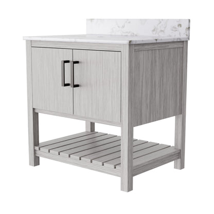 30-inch Novatto vanity with Café Mocha quartz countertop, showcasing the elegant bathroom accessory design.