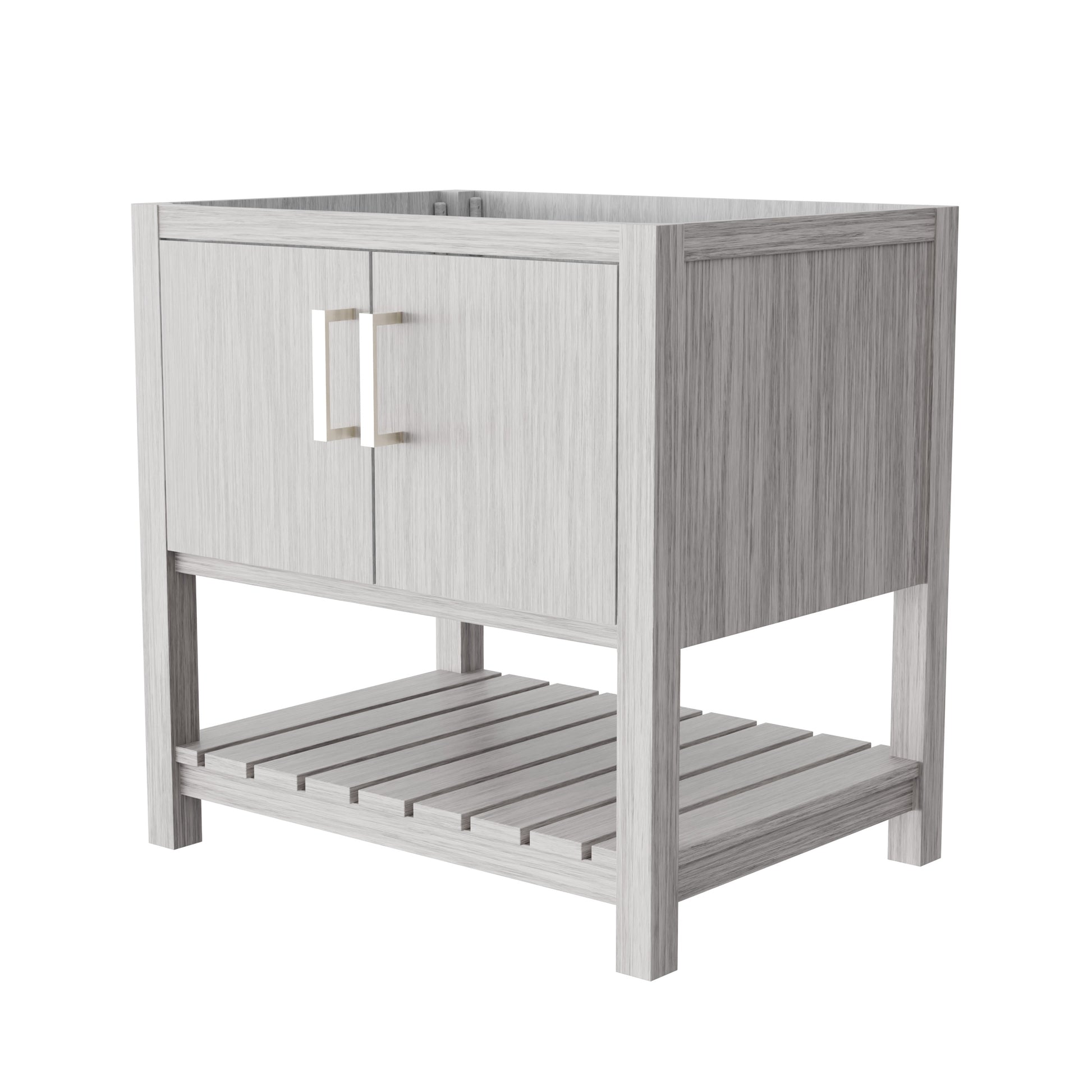 30-inch Storm Grey bath vanity by Novatto, featuring a modern design and sleek finish, shown with faucet and storage compartments.